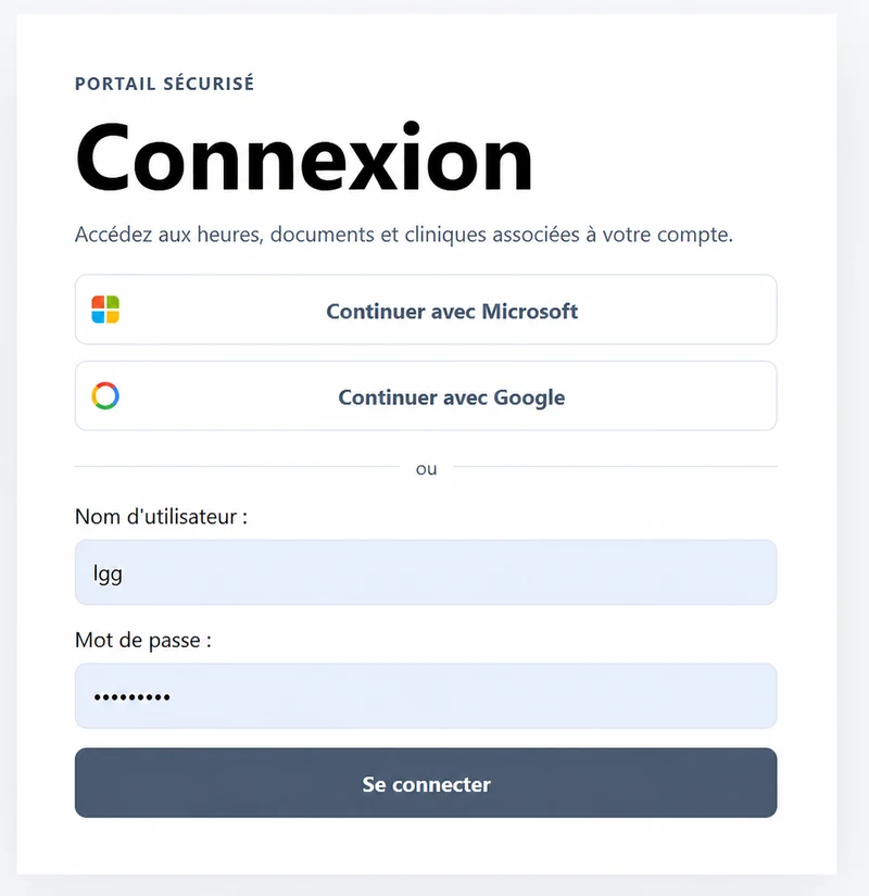 Portail de connexion avec OAuth 2.0, raccourcis Microsoft et Google, et connexion classique