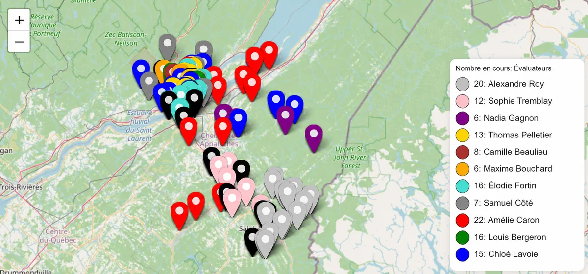 Carte logistique de dossiers avec marqueurs colorés et noms d’employés fictifs